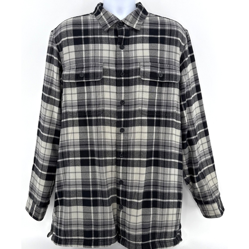 LL Bean Men's L Tall Fleece Lined Flannel Shirt‎ Jacket Gray Plaid Hand Pockets